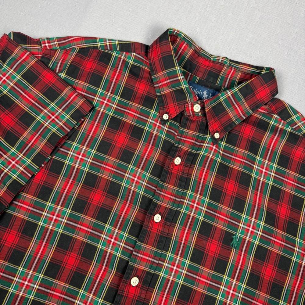 Ralph Lauren Mens XL Classic Fit Short Sleeve Plaid Button Down Shirt Red Green